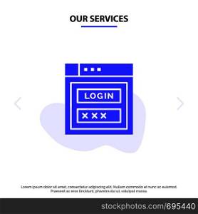 Our Services Internet, Password, Shield, Web Security, Solid Glyph Icon Web card Template