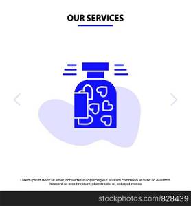 Our Services Jar, Bottle, Cookies, Heart, Valentine Solid Glyph Icon Web card Template