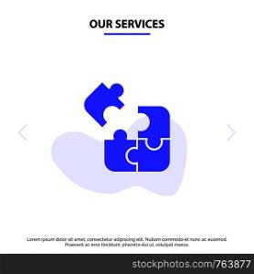Our Services Jigsaw, Puzzle, Science, Solution Solid Glyph Icon Web card Template