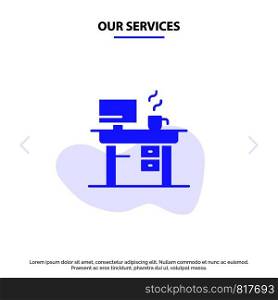 Our Services Job, Laptop, Office, Working Solid Glyph Icon Web card Template
