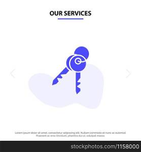 Our Services Key, Keys, Security, Room Solid Glyph Icon Web card Template