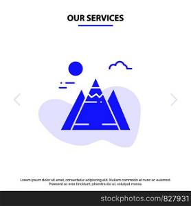 Our Services Landscape, Mountain, Sun Solid Glyph Icon Web card Template