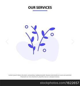Our Services Leaf, Nature, Plant, Spring Solid Glyph Icon Web card Template