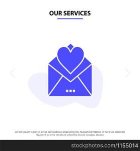 Our Services Letter, Mail, Card, Love Letter, Love Solid Glyph Icon Web card Template