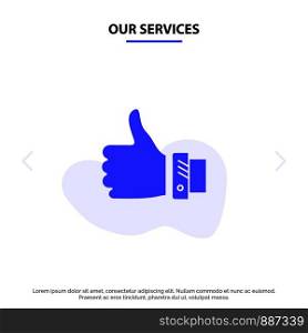 Our Services Like, Business, Finger, Hand, Solution, Thumbs Solid Glyph Icon Web card Template