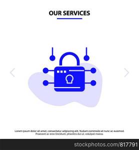 Our Services Lock, Locked, Security, Secure Solid Glyph Icon Web card Template
