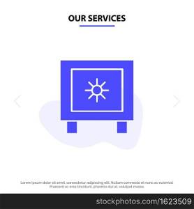 Our Services Locker, Lock, Global, Logistic Solid Glyph Icon Web card Template