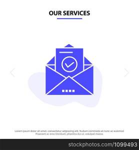 Our Services Mail, Email, Envelope, Education Solid Glyph Icon Web card Template