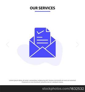 Our Services Mail, Email, Job, Tick, Good Solid Glyph Icon Web card Template