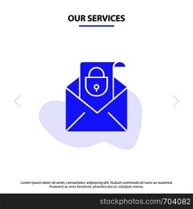 Our Services Mail, Email, Message, Security Solid Glyph Icon Web card Template