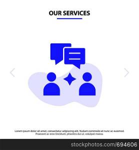 Our Services Man, Group, Chatting Solid Glyph Icon Web card Template