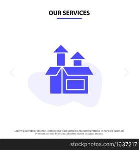 Our Services Management, Method, Performance, Product Solid Glyph Icon Web card Template