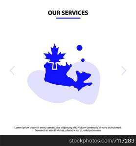 Our Services Map, Canada, Leaf Solid Glyph Icon Web card Template