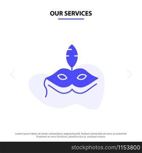 Our Services Mask, Costume, Venetian, Madrigals Solid Glyph Icon Web card Template