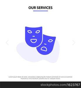 Our Services Masks, Roles, Theater, Madrigal Solid Glyph Icon Web card Template
