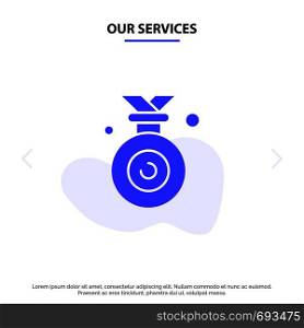Our Services Medal, Olympic, Winner, Won Solid Glyph Icon Web card Template