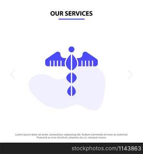 Our Services Medical, Symbol, Heart, Health, Care Solid Glyph Icon Web card Template