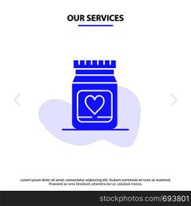 Our Services Medicine, Love, Heart, Wedding Solid Glyph Icon Web card Template
