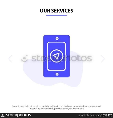Our Services Mobile, Pin, Rainy Solid Glyph Icon Web card Template