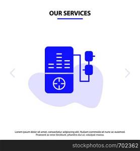 Our Services Music, Mp3, Play, Education Solid Glyph Icon Web card Template