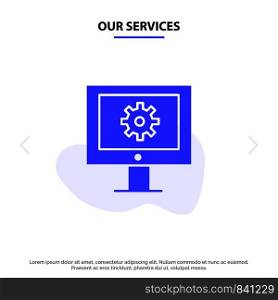 Our Services Online Support Service, Technical Assistance, Technical Support, Web Maintenance Solid Glyph Icon Web card Template