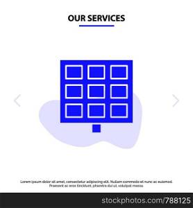 Our Services Panel, Solar, Construction Solid Glyph Icon Web card Template