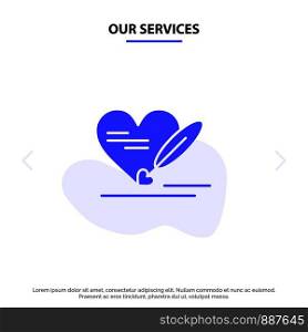 Our Services Pen, Love, Heart, Wedding Solid Glyph Icon Web card Template