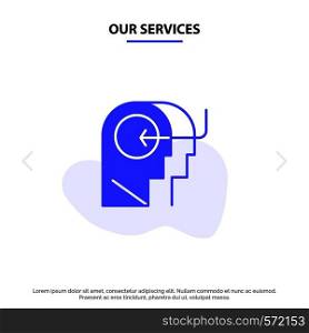 Our Services People, Teaching, Head, Mind Solid Glyph Icon Web card Template