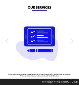 Our Services Phone, Cell, Pin, Shopping Solid Glyph Icon Web card Template