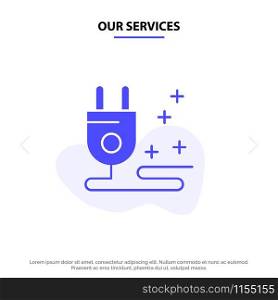 Our Services Plug, Cable, Marketing Solid Glyph Icon Web card Template