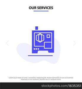 Our Services Printer, Printing, 3d, Scanner Solid Glyph Icon Web card Template