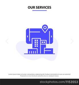 Our Services Reality, City, Technology, Augmented Solid Glyph Icon Web card Template