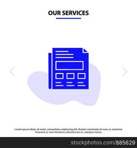 Our Services Report, Paper, Sheet, Presentation Solid Glyph Icon Web card Template