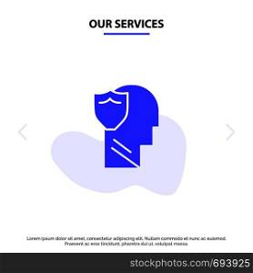 Our Services Shield, Secure, Male, User, Data Solid Glyph Icon Web card Template