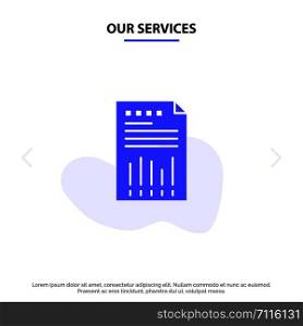 Our Services Spreadsheet, Business, Data, Financial, Graph, Paper, Report Solid Glyph Icon Web card Template