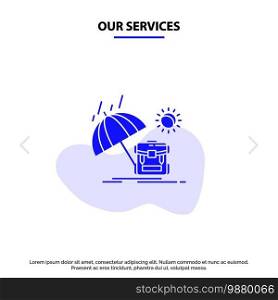 Our Services Summer, Backpack, Sun, Season Solid Glyph Icon Web card Template