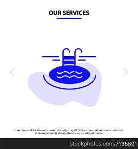 Our Services Swimming, Pool, Hotel, Serves Solid Glyph Icon Web card Template