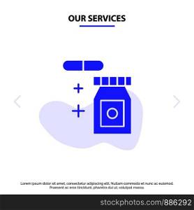 Our Services Tablet, Rainy, Temperature Solid Glyph Icon Web card Template