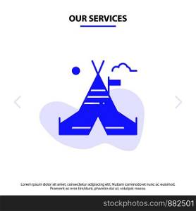 Our Services Tent Free, Tent, Camp, American Solid Glyph Icon Web card Template