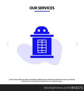 Our Services Ticket, House, Train Solid Glyph Icon Web card Template