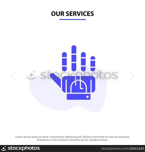 Our Services Tracking, Glove, Hand, Technology Solid Glyph Icon Web card Template