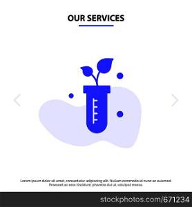 Our Services Tube, Plant, Lab, Science Solid Glyph Icon Web card Template