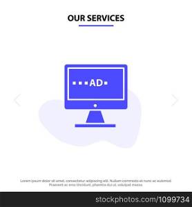 Our Services TV, Ad, Television, Screen, Lcd Solid Glyph Icon Web card Template