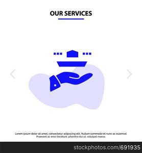 Our Services Waiter, Restaurant, Serve, Lunch, Dinner Solid Glyph Icon Web card Template