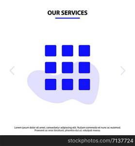Our Services Web, Grid, Shape, Squares Solid Glyph Icon Web card Template
