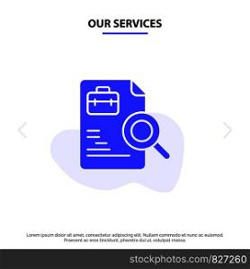 Our Services Worker, Document, Search, Jobs Solid Glyph Icon Web card Template
