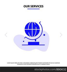 Our Services World, Globe, Science Solid Glyph Icon Web card Template