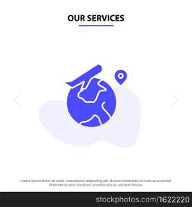 Our Services World, Location, Fly, Job Solid Glyph Icon Web card Template