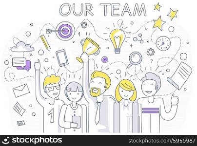 Our success team linear design. Teamwork and business team, our team business, office team, business success, work people, company and leadership, businessman and worker, resource office illustration