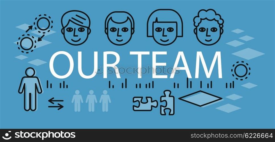 Our success team linear design. Teamwork and business team, our team business, office business success, work people, company and leadership, businessman and worker, resource office illustration